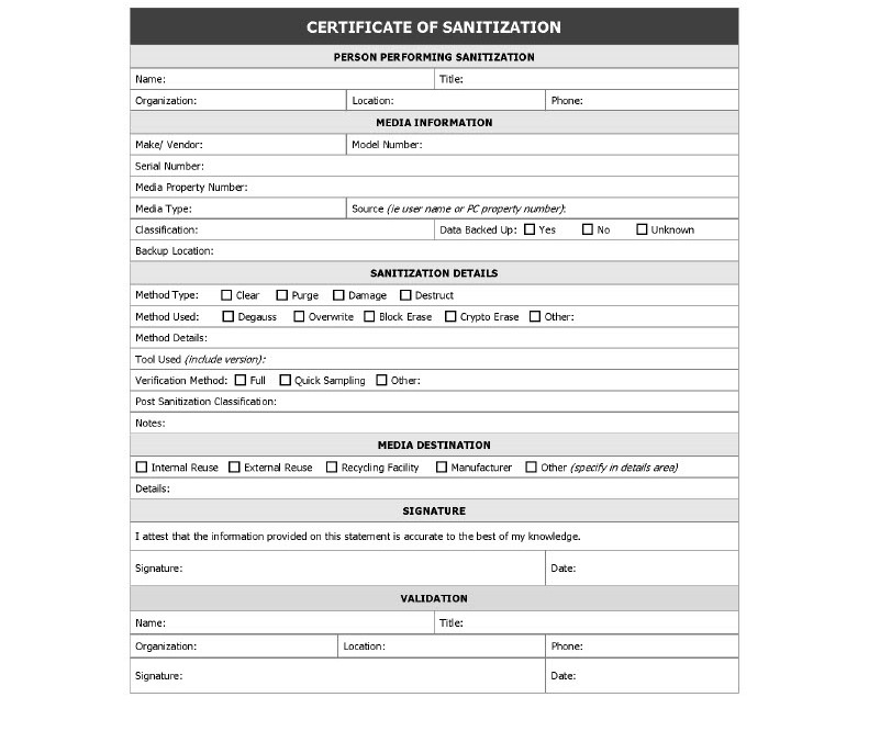 Data Destruction Certificate example